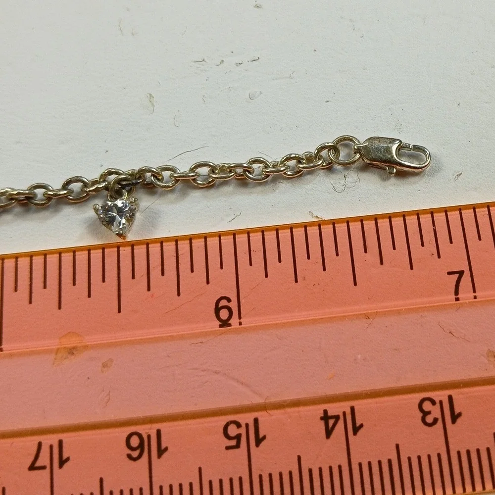 Vintage 1990s Sterling Silver Heart Dangle Charm Bracelet Cubic Zirconia 7 Inch